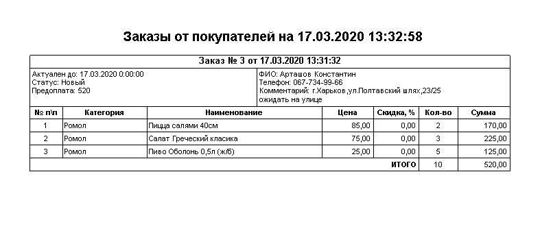 Печатная форма заказа GBS Market